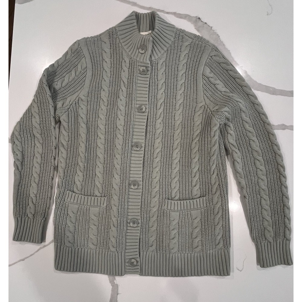 Woolovers Cotton Cardigan Size S Green Cable Knit Wool‎ Button Up Sweater EUC